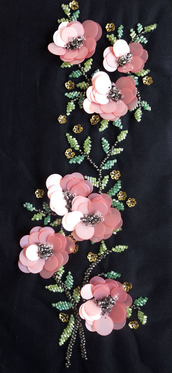 Handmade Motif With Pink Sequins Flowers and Beaded Leaves Etsy