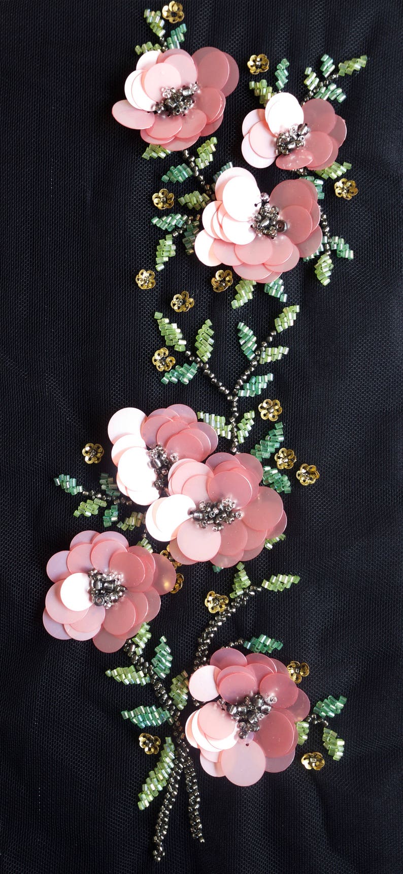 Hand-made motif with pink sequins flowers and beaded leaves image 1