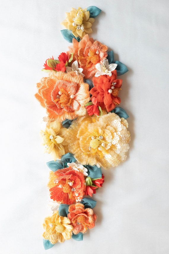 Haute Couture Motif | 3D Applique flowers of sequins, threadwork and organza in vibrant yellows and orange