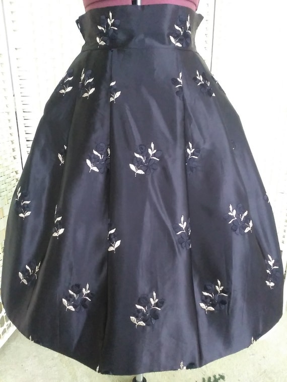 1950's Embroidered Black Heavy Satin Skirt