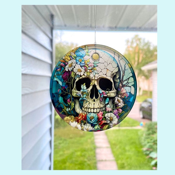 Flowered Skull Sun Catcher or Tree Ornament - 3" Glass