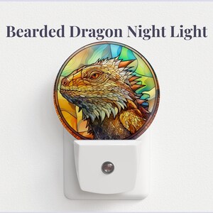 May include: A white night light with a round, colourful stained glass design of a bearded dragon's head. The night light plugs into a standard electrical outlet.