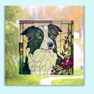 Bordercollie zonnenvanger of boomornament - 3 inch vierkant glas