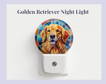 Pode incluir: Uma luz noturna de estilo vitral com um cão golden retriever sobre um fundo azul, verde e laranja.