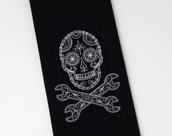 Biker Skull Embroidered Kitchen Towel - Black