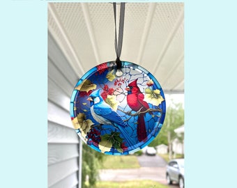 Blue Jay & Cardinal Sun Catcher  / Ornament - 3" Glass
