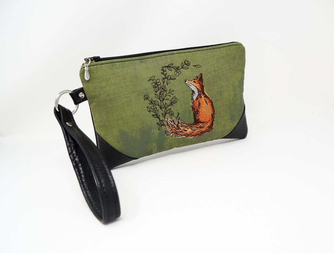 Embroidered Fox Wristlet Green Clutch - Etsy