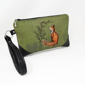 Cartera de mano con zorro bordado, color verde