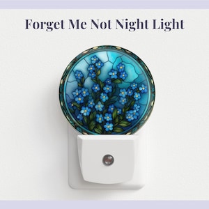 May include: A white night light with a round blue and green forget-me-not flower design. The night light plugs into a standard outlet.