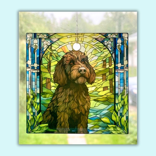 Labradoodle Dog Sun Catcher / Ornament - 3" Square Glass