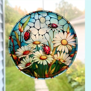 Attrape-soleil / Ornement coccinelle et marguerite - Verre rond 3"