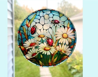 Ladybug & Daisy Sun Catcher / Ornament - 3" Round Glass