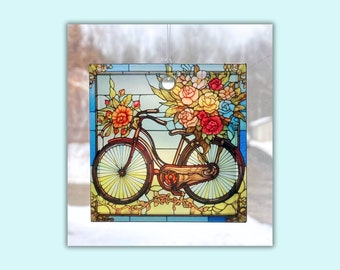Bicycle & Flowers Suncatcher / Ornament - 3 Inch Square Glass