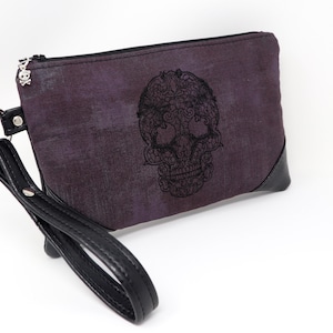 Embrague de calavera de encaje negro, pulsera bordada, bolso morado