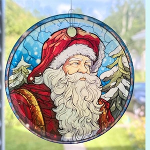 Santa Claus Christmas Sun Catcher / Tree Ornament - 3" Round Glass