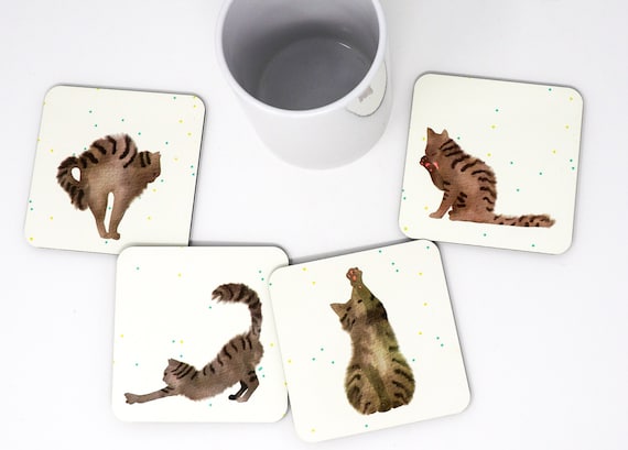 Grey Cat Waiting Ready To Pounce Set of 4 Coasters 