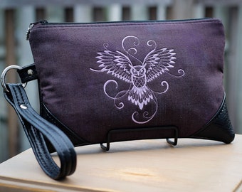 Purple Owl Clutch, Poignet de téléphone, Sac à main brodé, Woodland, cadeau pour mère, fille, sœur, petite amie