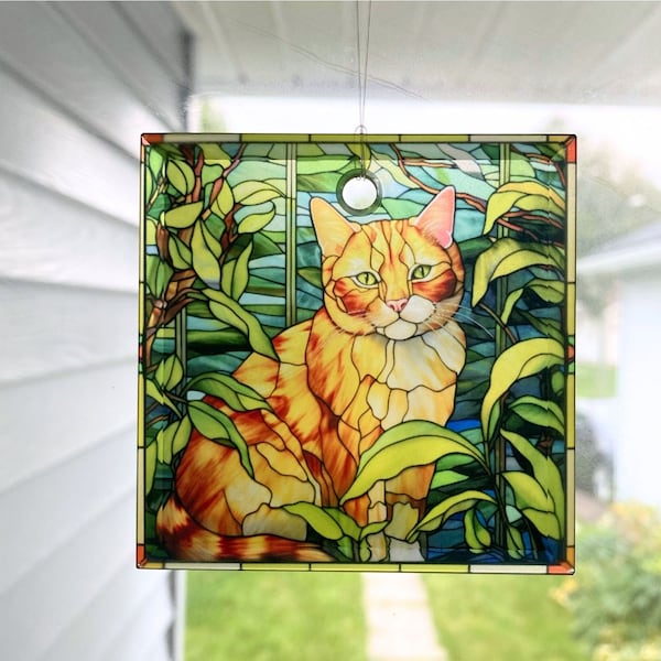 Ginger Orange Cat Sun Catcher / Ornament - 3" Square Glass