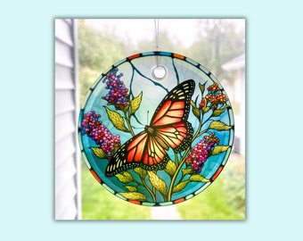 Monarch Butterfly & Flowers Sun Catcher / Ornament - 3" Round Glass