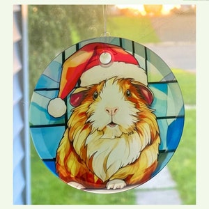 Christmas Guinea Pig Sun Catcher or Tree Ornament - 3&quot; Round Glass