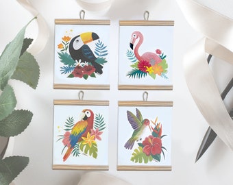 tableaux illustrations oiseaux exotiques toucan flamant rose perroquet colibri à la gouache pour chambre d'enfant