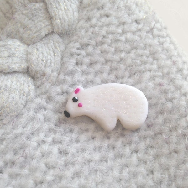 White polar bear brooch or pin in polymer clay fimo