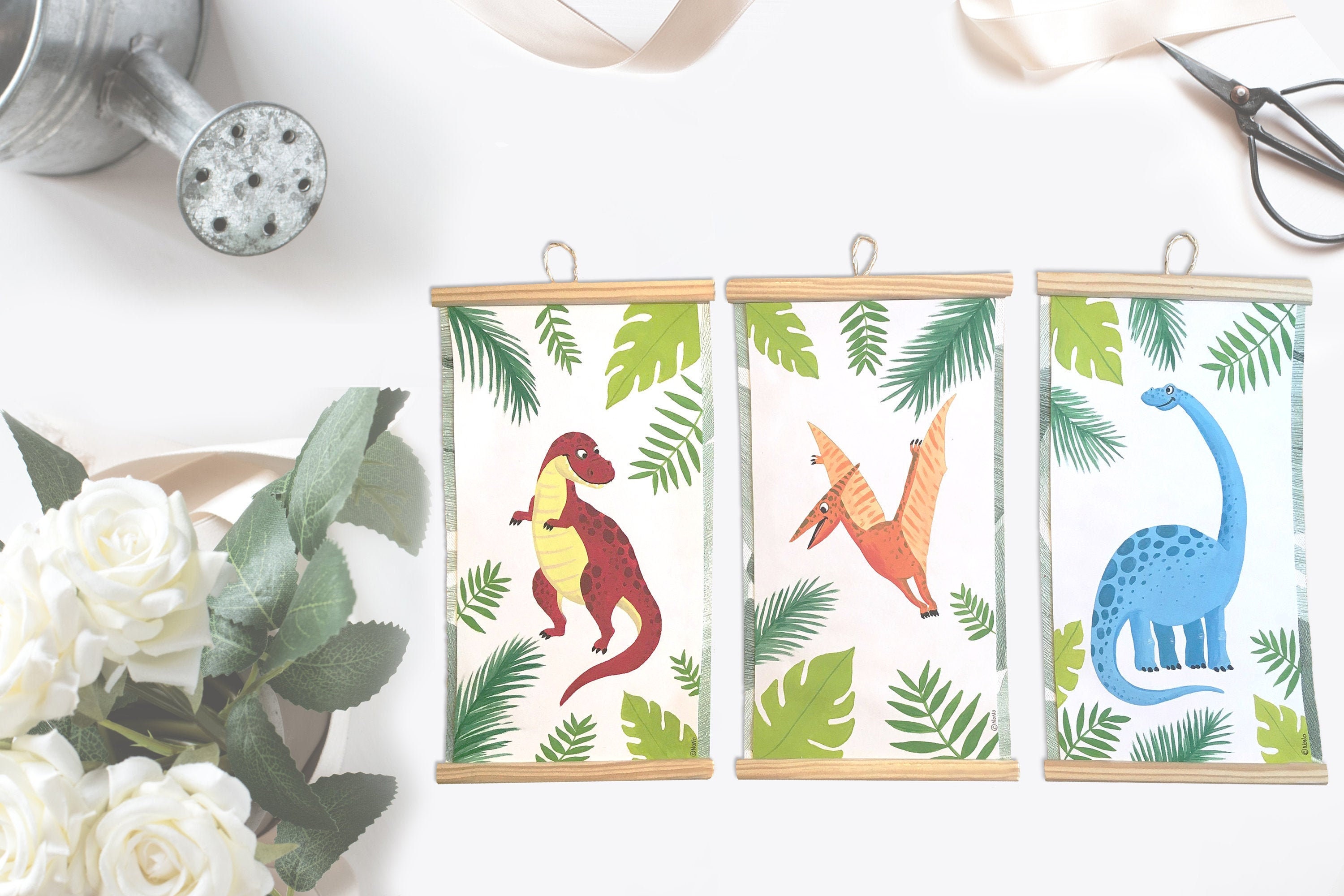 Tableaux Illustrations Dinosaures Tyrannosaure Ptérodactyle Diplodocus à La Gouache Pour Chambre d'e