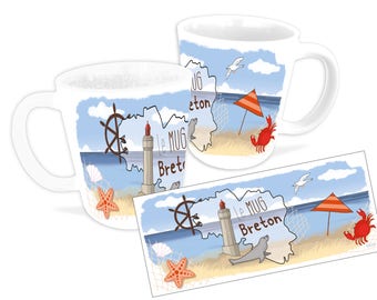 Breton sea and beach white ceramic mug for tea and coffee