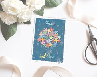 Thank you greeting card with a bouquet of flowers and birds