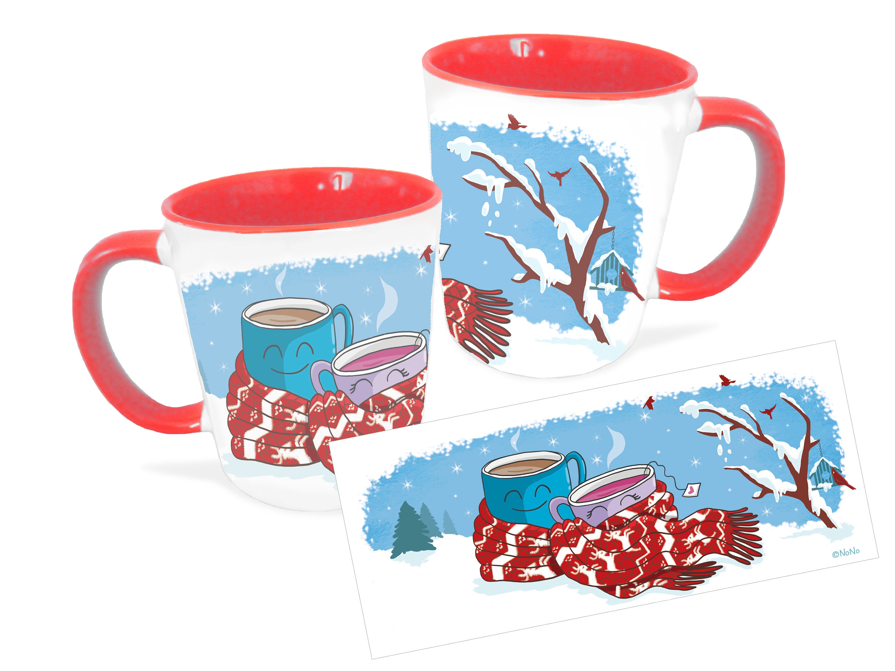 Mug Rouge Hiver Couple de Chocolat et Thé, Cadeau Pour Les Amoureux en Céramique