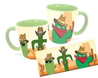 Green ceramic cowboys cactus mug for coffee or tea