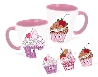 Pink cupcakes and girly ceramic mug for coffee and tea