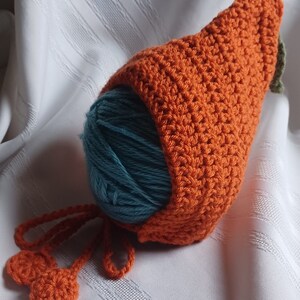 May include: An orange crocheted carrot-shaped yarn cozy with a teal yarn ball inside. The cozy has a green leaf detail and orange ties with decorative pom-poms. The cozy is designed to hold a ball of yarn.