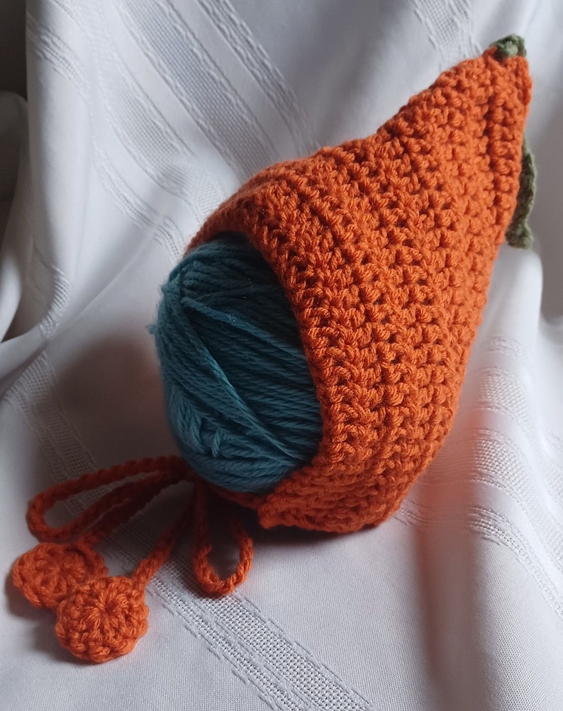 May include: An orange crocheted carrot-shaped yarn cozy with a teal yarn ball inside. The cozy has a green leaf detail and orange ties with decorative pom-poms. The cozy is designed to hold a ball of yarn.