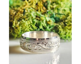 Anello a fascia in argento sterling con decorazioni floreali barocche incise a mano – Gioielli da matrimonio vintage in filigrana