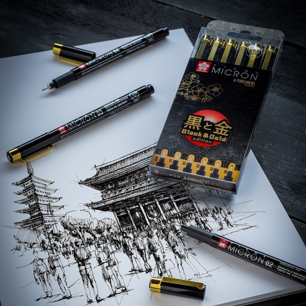 Penne fineliner Sakura Pigma Micron / Edizione nera e oro / Inchiostro nero / Set da 6 / Set di penne fineliner per cancelleria per disegni tecnici