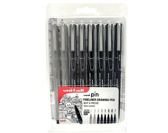 Penna da disegno Uni Pin Fineliner - Set da 8, 0,1 mm - 0,8 mm e pennino a pennello - 3 colori