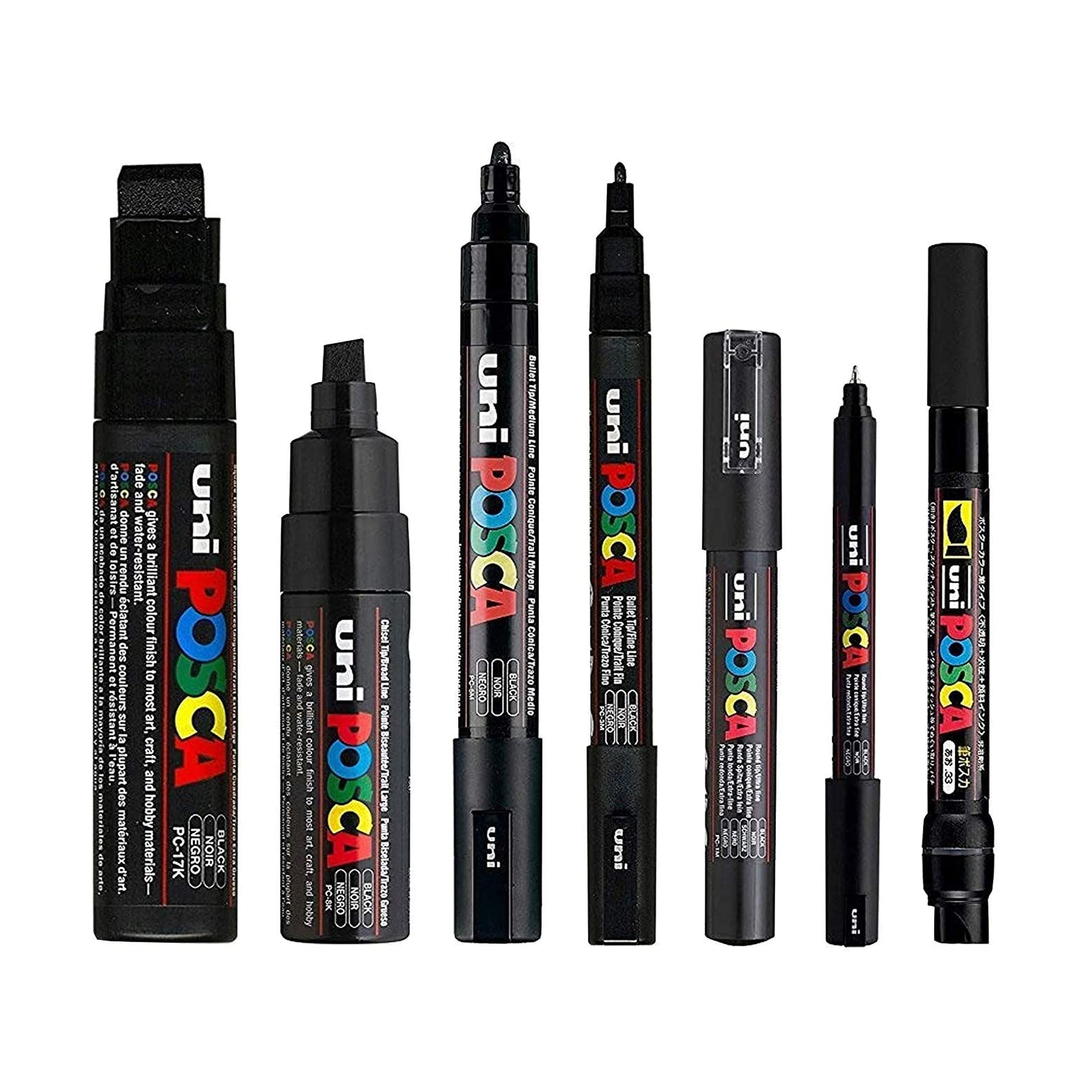 Posca Black Full Set of 7 Pens pc-17k, Pc-8k, Pc-5m, Pc-3m, Pc-1m, Pc-1mr,  Pcf-350 
