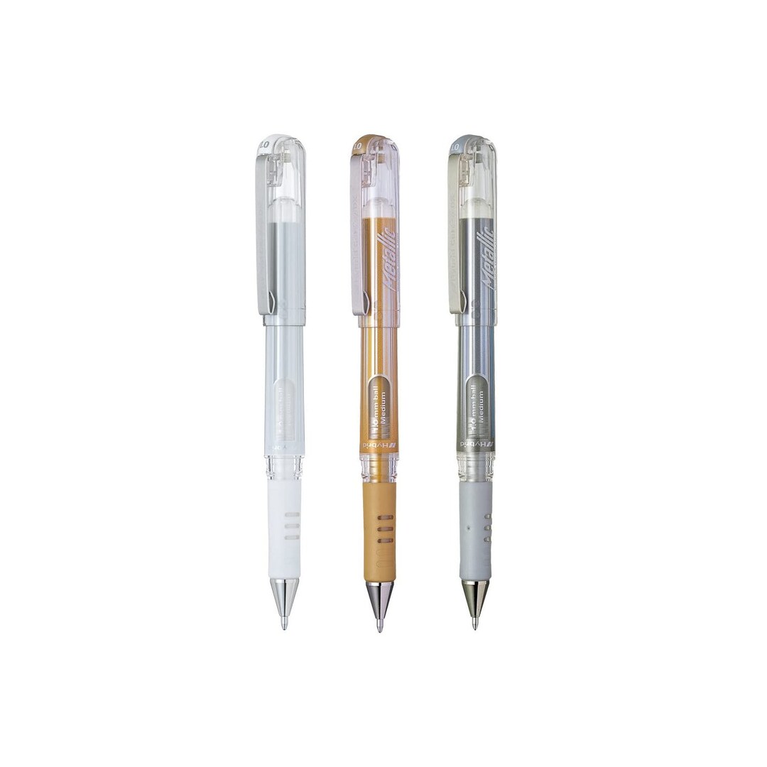 Rollerball Pen Pentel Hybrid Gel Grip Metallic Gold, Silver and White Various Pack Sizes 1mm