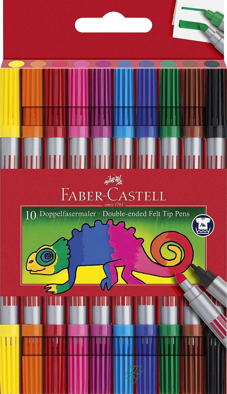 Faber-Castell Double-Ended Felt Tip Pens Fibre Tipped Pens Pack of 10 Assorted Colours Fabric-Safe Adult Child Drawing Colouring image 2