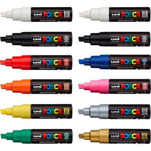 POSCA | PC-8K Art Paint Marker Pens | Broad Chisel Nib Tip | Professional 12 Set | Drawing Poster Coloring Markers | Metal Glass Terracotta