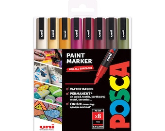 POSCA Fine PC-3M Art Paint Marker Pens Gift Set of 8 Autumn Tones Drawing  Drafting Poster Markers Yellows, Reds, Browns & Greens 