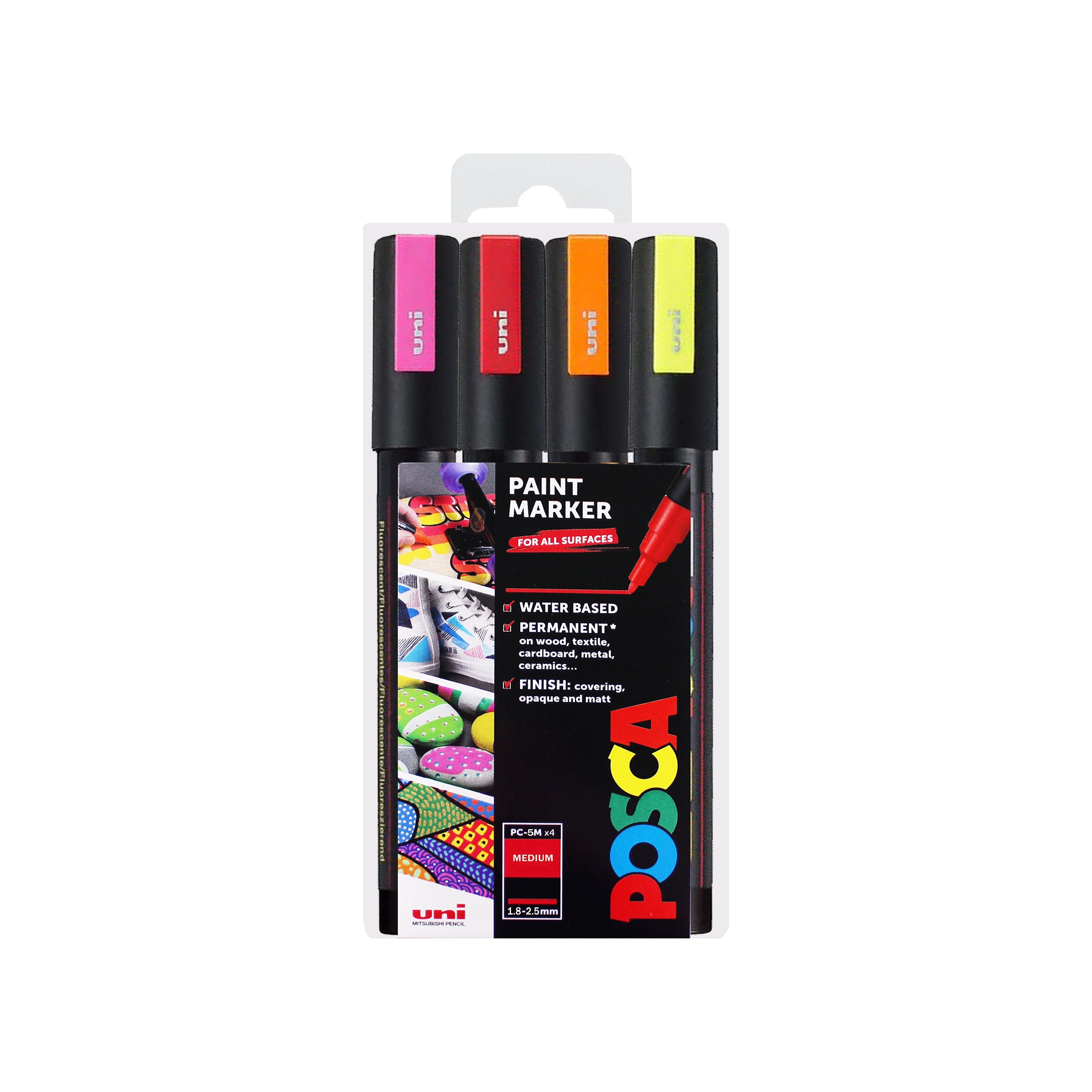 POSCA / Rotuladores de pintura artística PC-5M medianos / Juego de regalo  de 4 / Tonos fluorescentes / Juego de marcadores de carteles de dibujo /  Rosa, Rojo, Naranja y Amarillo -  México
