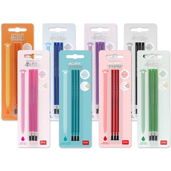 Legami Refill for Erasable Gel Pen | Sets of 3 | 13cm | Thermosensitive Ink | Black, Blue, Red, Green, Purple or Turquoise Colours