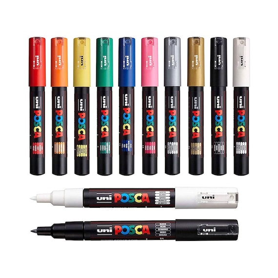 POSCA / Rotuladores de pintura artística extrafinos PC-1M / Juego de regalo  profesional de 12 / Marcadores para colorear carteles de dibujo / Incluye 2  negros y 2 blancos -  España