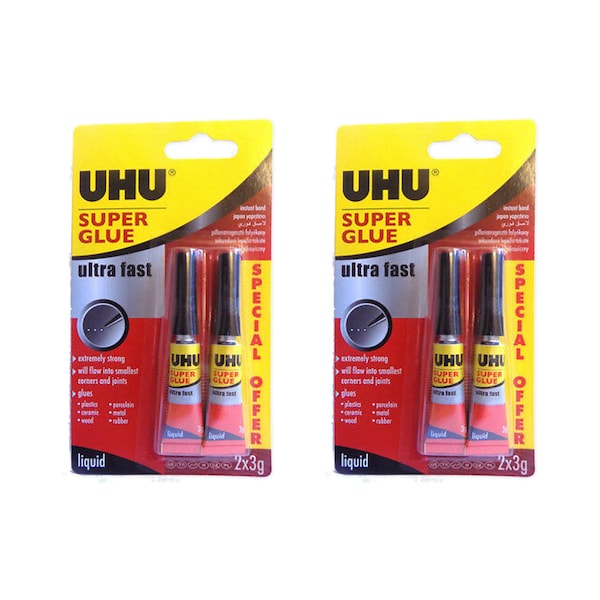 4 x UHU Super Glue Adhesive - Extra Strong - Ultra Fast - 3g Tube (2 Twin Packs)