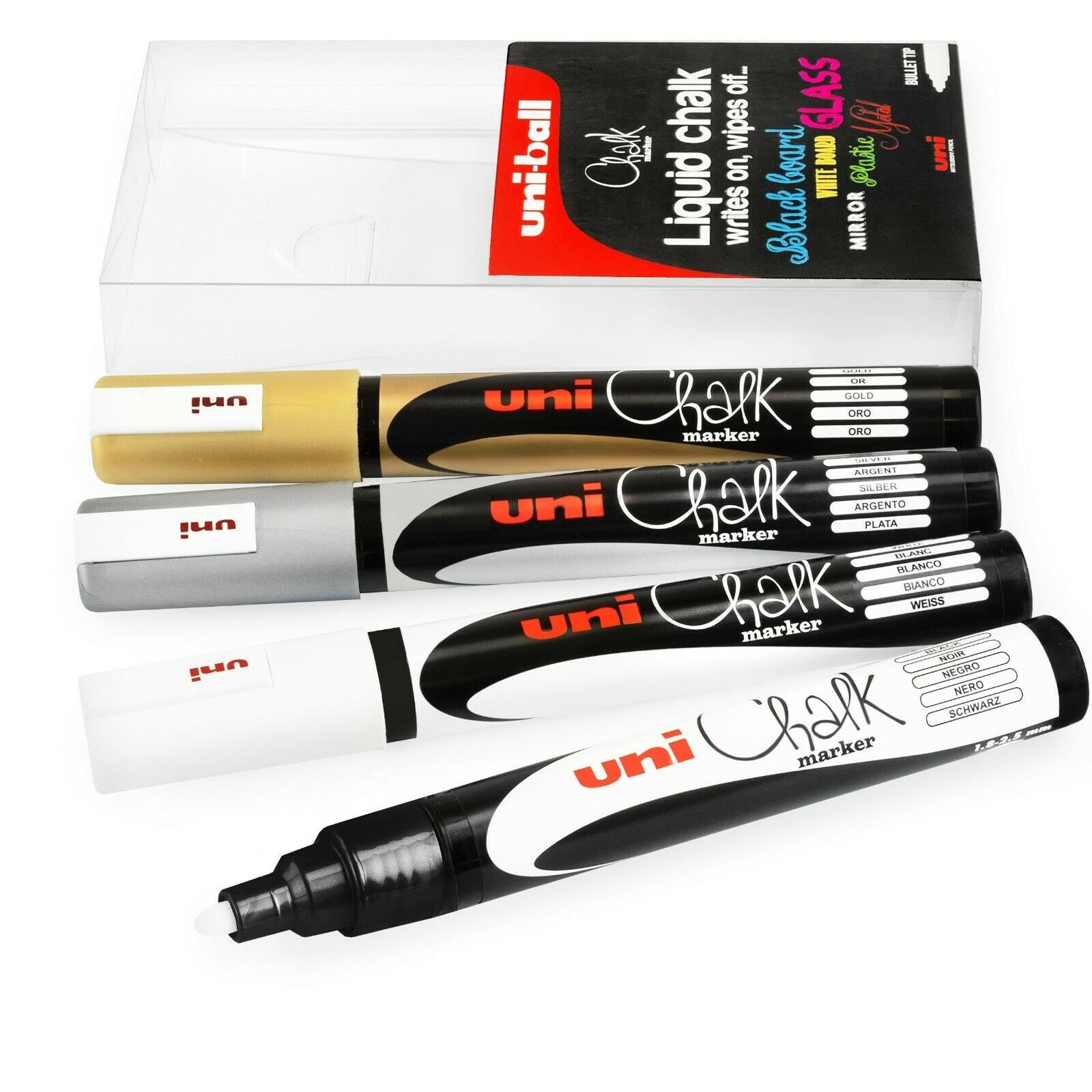 Uni-ball PWE-5M Chalk Marker Bullet Nib Black/white/gold/silver 4 Wallet 
