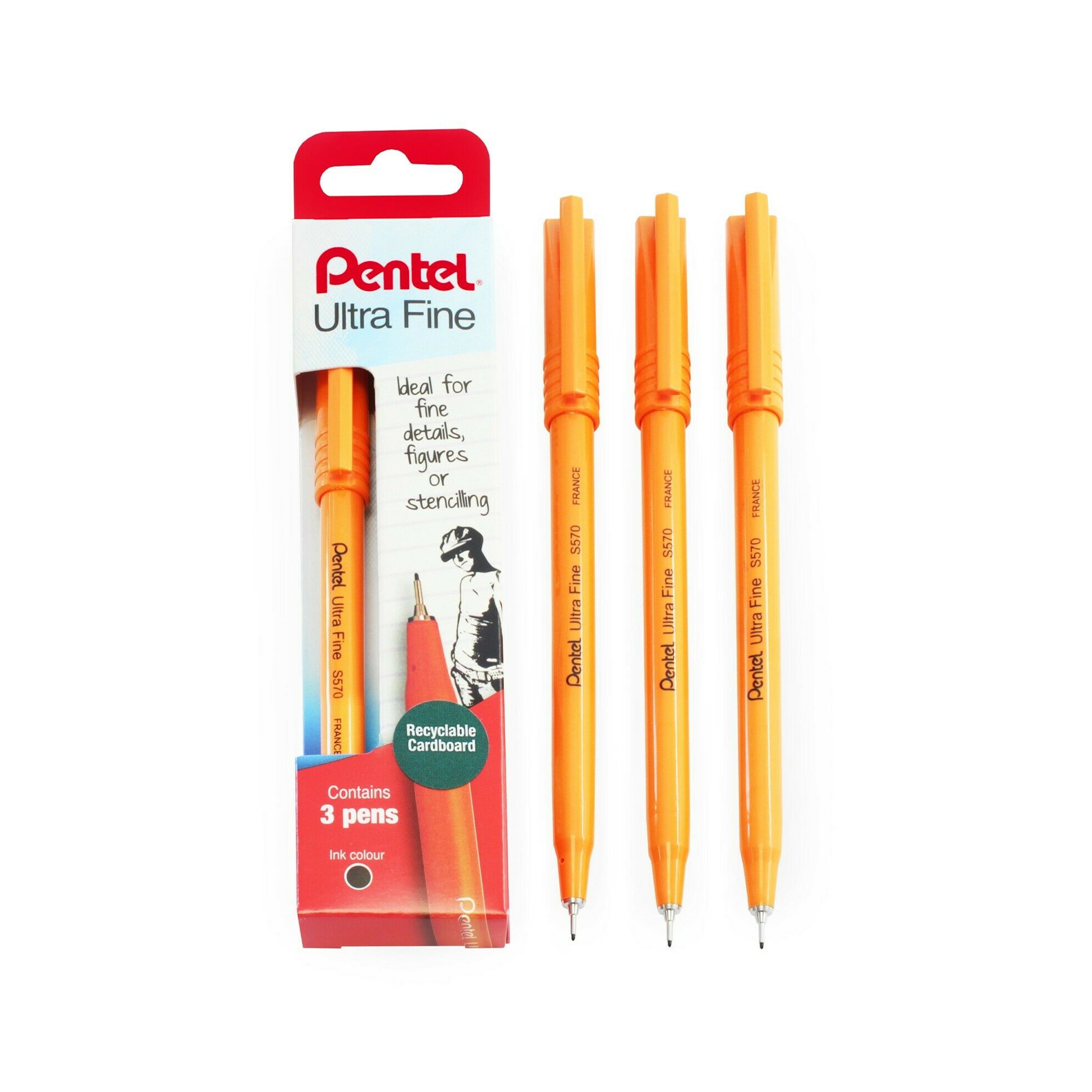 3 X Pentel S570 Fineliner Pen Ultra Fine 0.6mm Nib 100% Recyclable