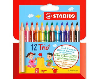 Crayon de couleur | STABILO Trio épais court | Portefeuille de 12 pièces | Couleurs assorties | Crayons de couleur pour jeunes enfants | Papeterie scolaire