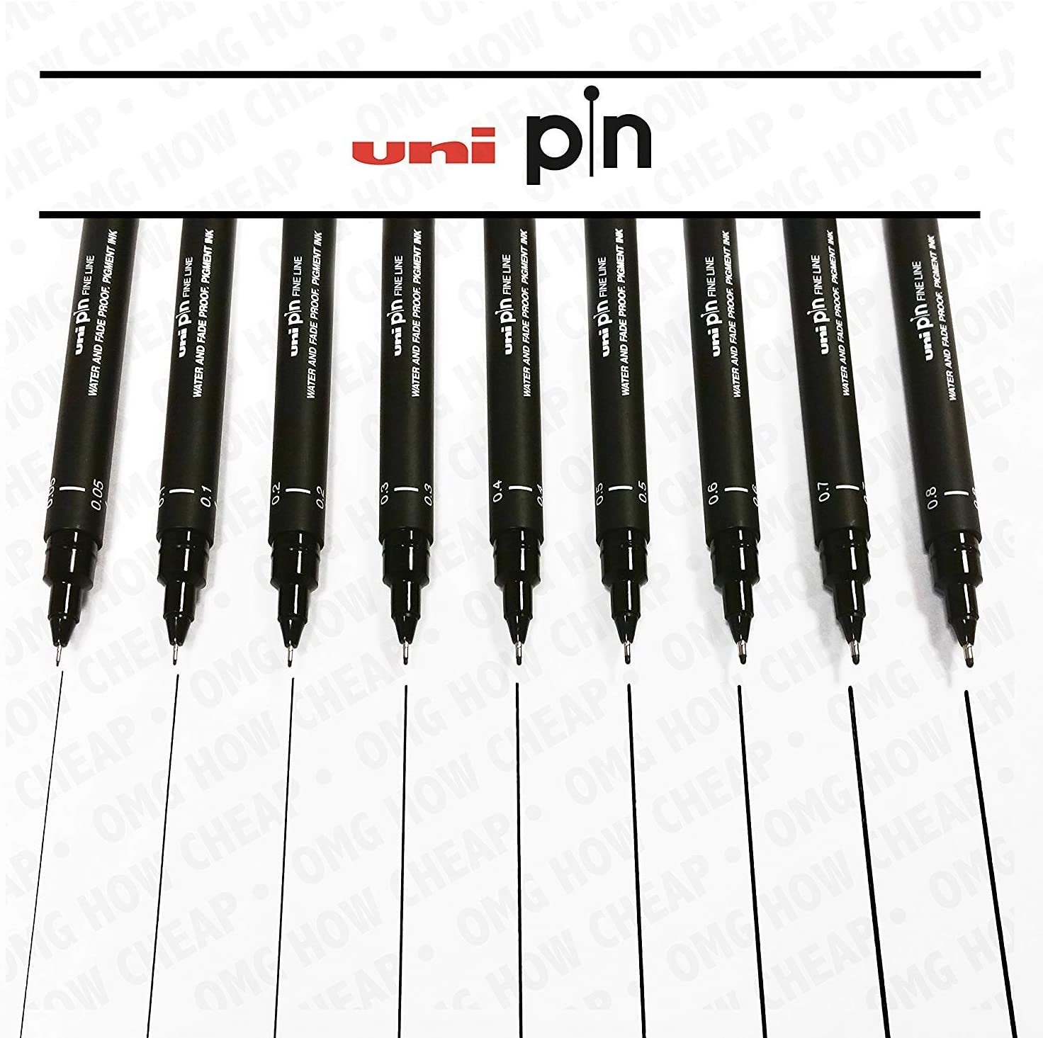 Uni Pin Fineliner Drawing Pen - Set of 8, 0.1mm - 0.8mm & Brush